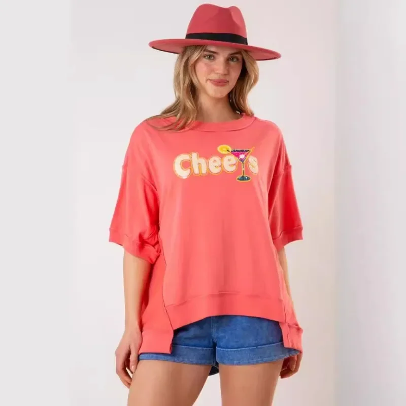 TSTCTB Summer Sequin Printing T-shirts for Women Short Sleeves Loose O Neck Irregular Patchwork Pullovers Fashion Party Blouses