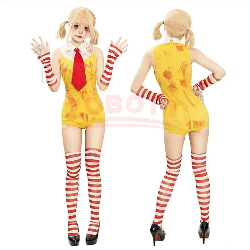 Gelb gestreiftes, ärmelloses Outfit mit Bindedetail für Damen, süßes Zirkus-Cosplay-Kostüm für Karneval, Bühnenauftritte, auf Lager