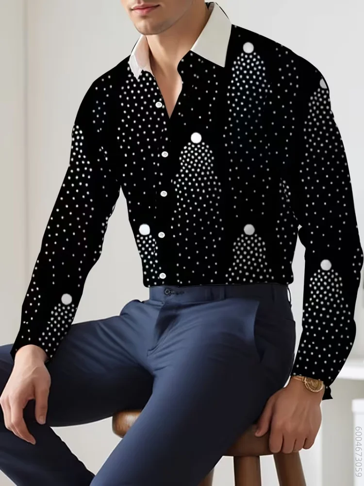 Men's long sleeved shirt with staggered wave patterns, versatile for daily commuting and gatherings, fashionable and loose top