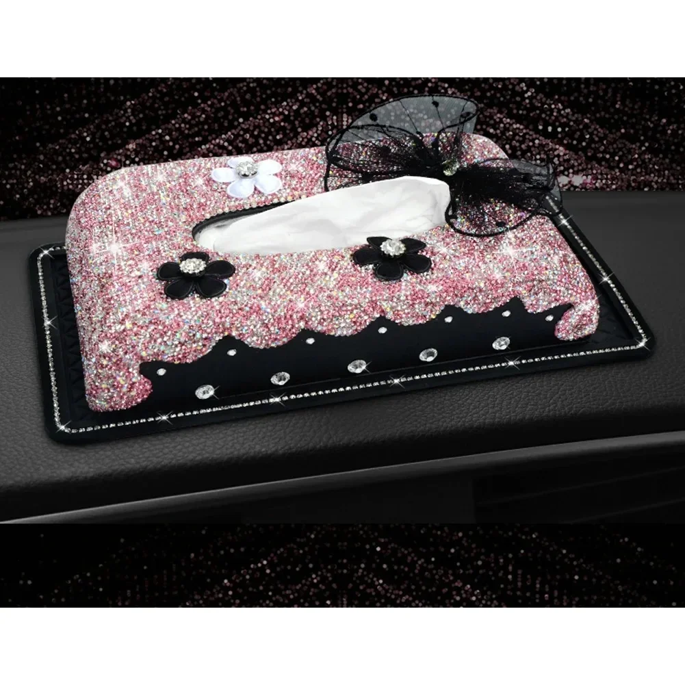 Cover Holder for Car Desk Dashboard Bling Flower Rhinestone Rectangular Tissue Box  car tissue box  car case napkin