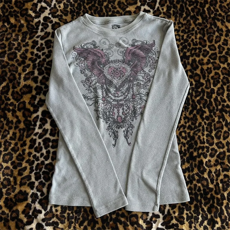 Camisetas Grunge Y2K para mujer, camiseta gótica con estampado de calavera de manga larga, Top Vintage de hada Grunge, ropa Punk, ropa de calle