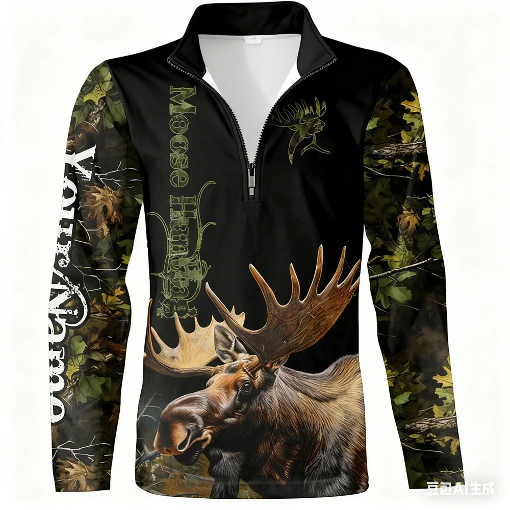 

Vintage Elk Graphic Men's Zipper Sweatshirt Outdoor Hunting Long Sleeve Half Zip Pullover Daily Loose Casual Comfortable Clothes