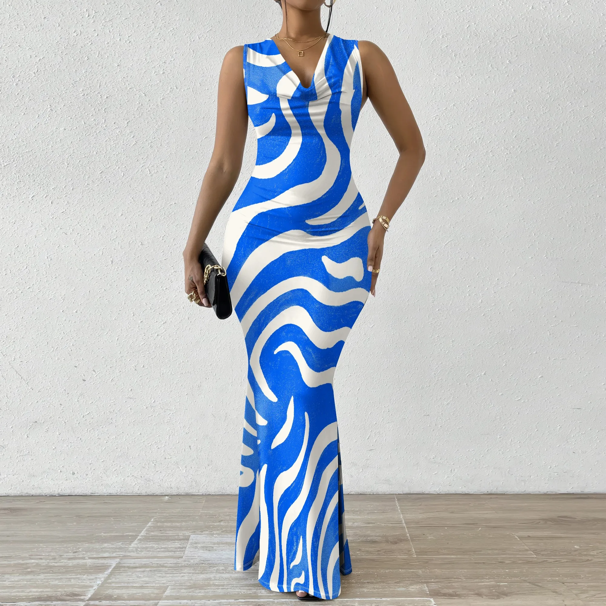 

Zebra Print Women's Bodycon Dress 2025 New Arrival Sleeveless V-Neck Maxi Dress XS-2XL