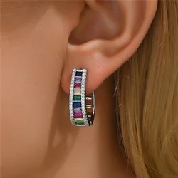 Mystic Rainbow Zircon Stone Geometric Hoop Earrings For Women Fashion Gold Silver Color Wedding Jewelry