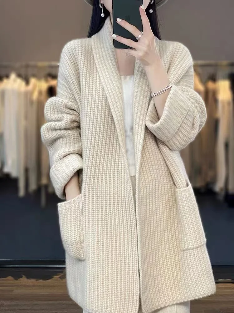 

Женское пальто, свитер из 100% мериносовой шерсти, длинный кардиган, трикотаж, осень-зима, плотное повседневное модное пальто, однотонная женская верхняя одежда