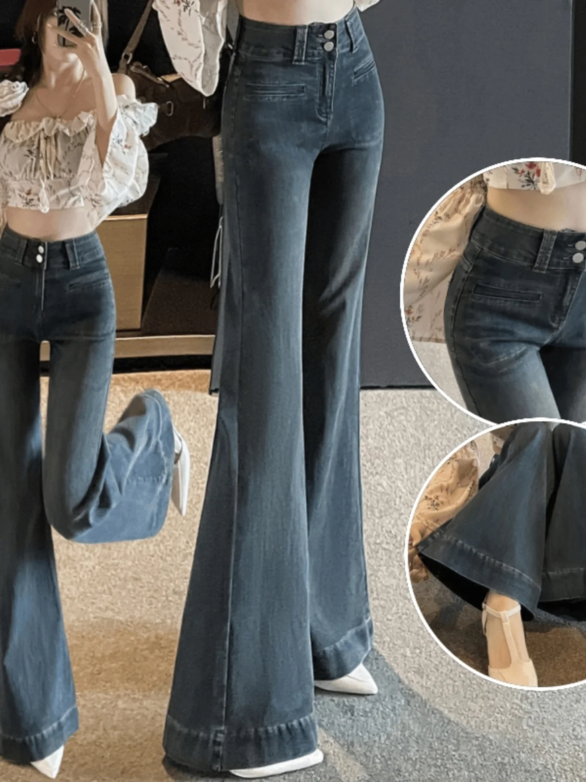 

Джинсы женские с высокой талией, широкими штанинами и легким расклешением, весна-осень, цвет «цемент», эластичные, несъемные, ретро-стиль, деним