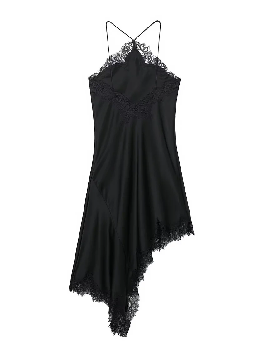 Parc Fee – Mini robe d'été en dentelle pour femmes, Patchwork, dos nu, Slim, Spaghetti, couleur unie, robe de soirée, col en v, noire