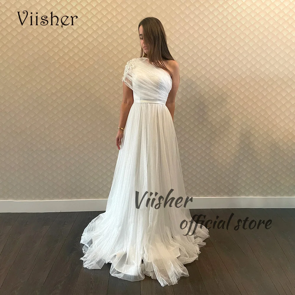 

Viisher White One Shoulder Evening Dresses Pleats Tulle A Line Long Formal Prom Dress Arabic Dubai Celebrate Event Gowns