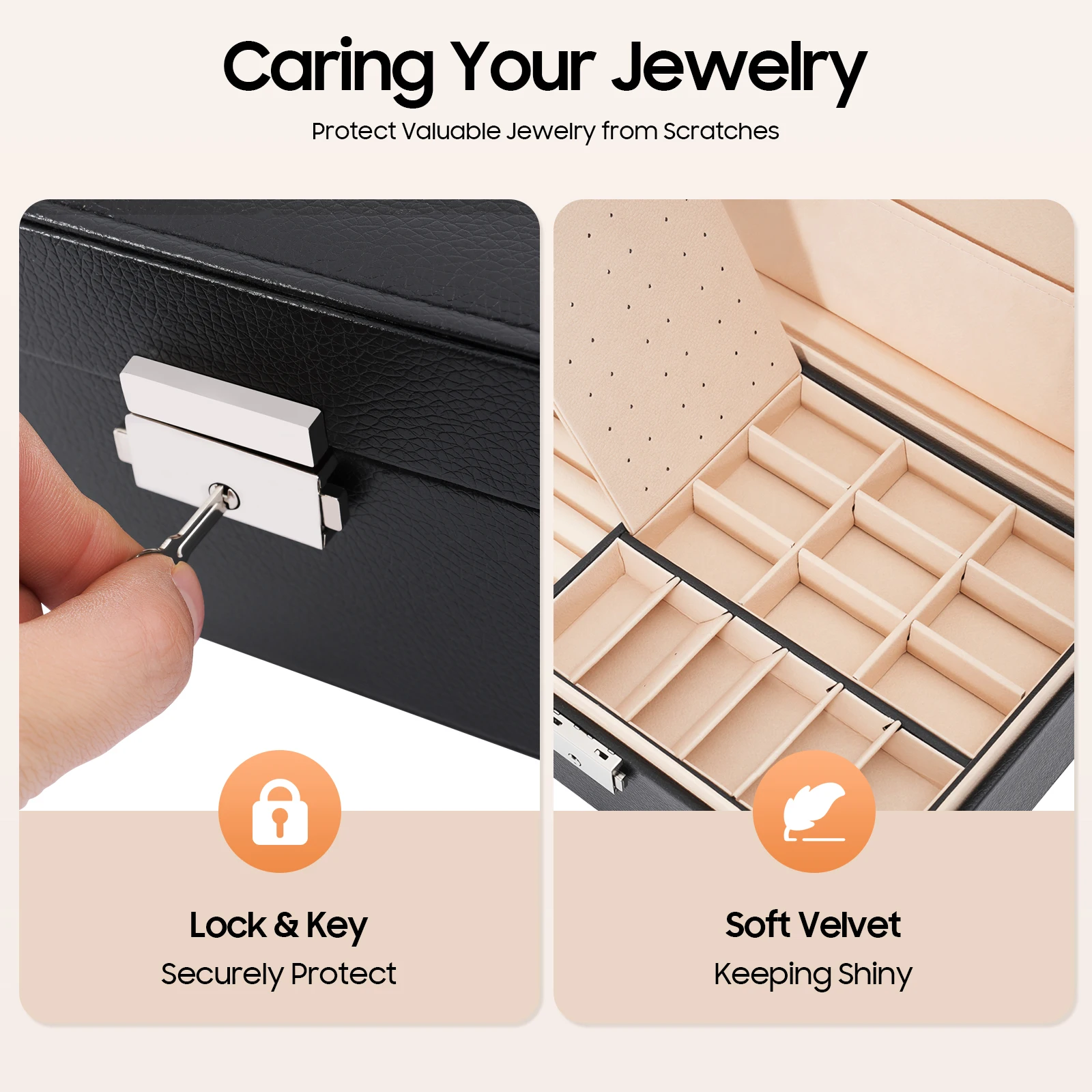 2-lagige abschließbare Schmuckaufbewahrungsbox mit herausnehmbaren Trennwänden, Schreibtisch-Organizer für Ringe, Ohrringe, Armbänder, Halsketten, Broschen, für den täglichen Schmuckaufbewahrungszweck auf dem Schminktisch zu Hause. – Detail 2