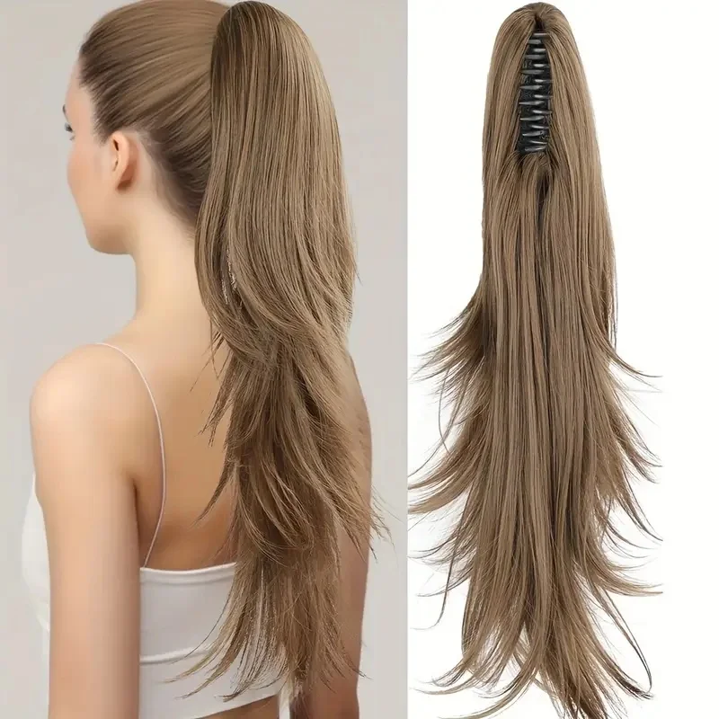 Klip Cakar Rambut Sintetis Tahan Panas Ekstensi Ekor Kuda untuk Wanita Menambah Volume Potongan Rambut Ekor Kuda Panjang Bergelombang Tampak Alami