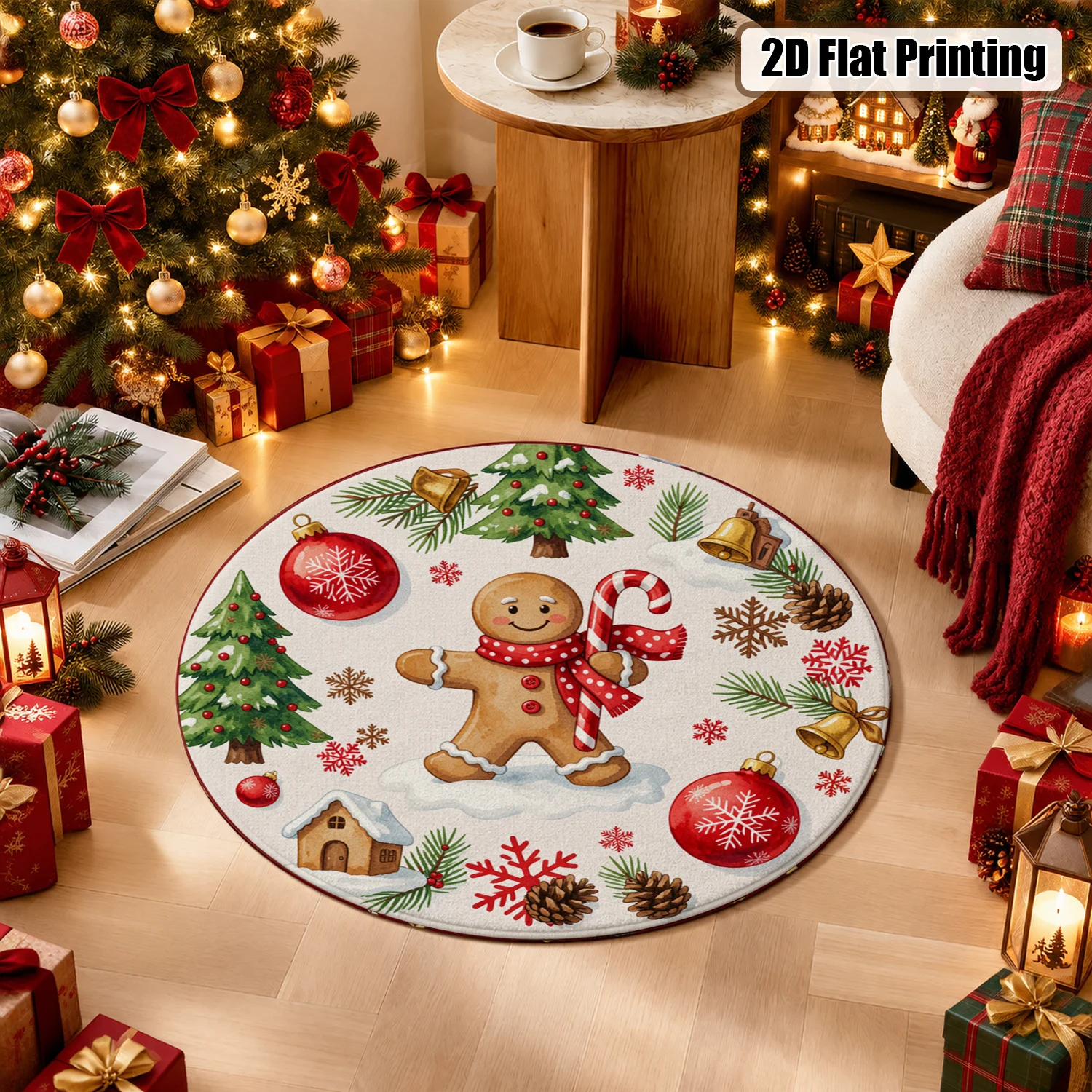 Gingerbread Man Christmas Tree Bell Snowflake Pattern Round Velvet Placemat Machine Washable for Dining Table Coffee Table Living Room Halloween Thanksgiving Christmas New Year Black Friday Cyber Monday