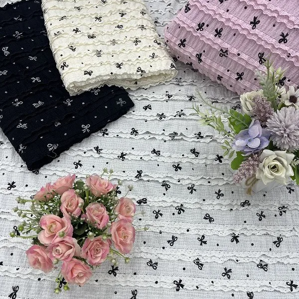 

Multicolor 3D lace ruffle bow print fabric, puff skirt princess dress, shirt cuffs, headband, pleated lace fabric