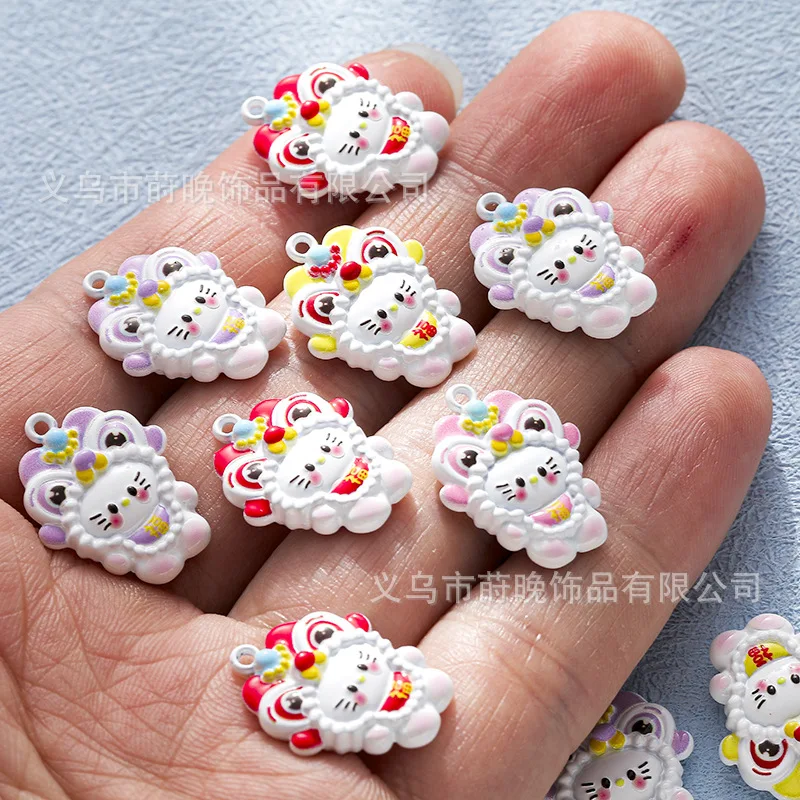 5pcs Zinc alloy paint Chinese style lion dance KT cat pendant DIY mobile phone chain keychain bracelet accessories pendant