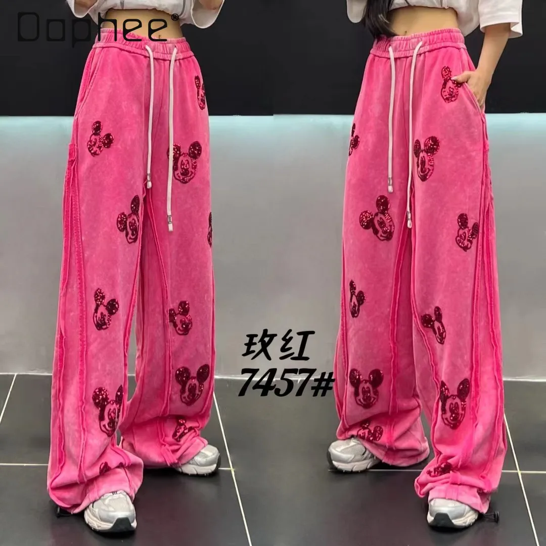 Cartoon Sequin Casual Pants Design Sense 2025 Autumn New Fashionable Loose Casual Pants for Women Draped Straight Wide-Leg Pants