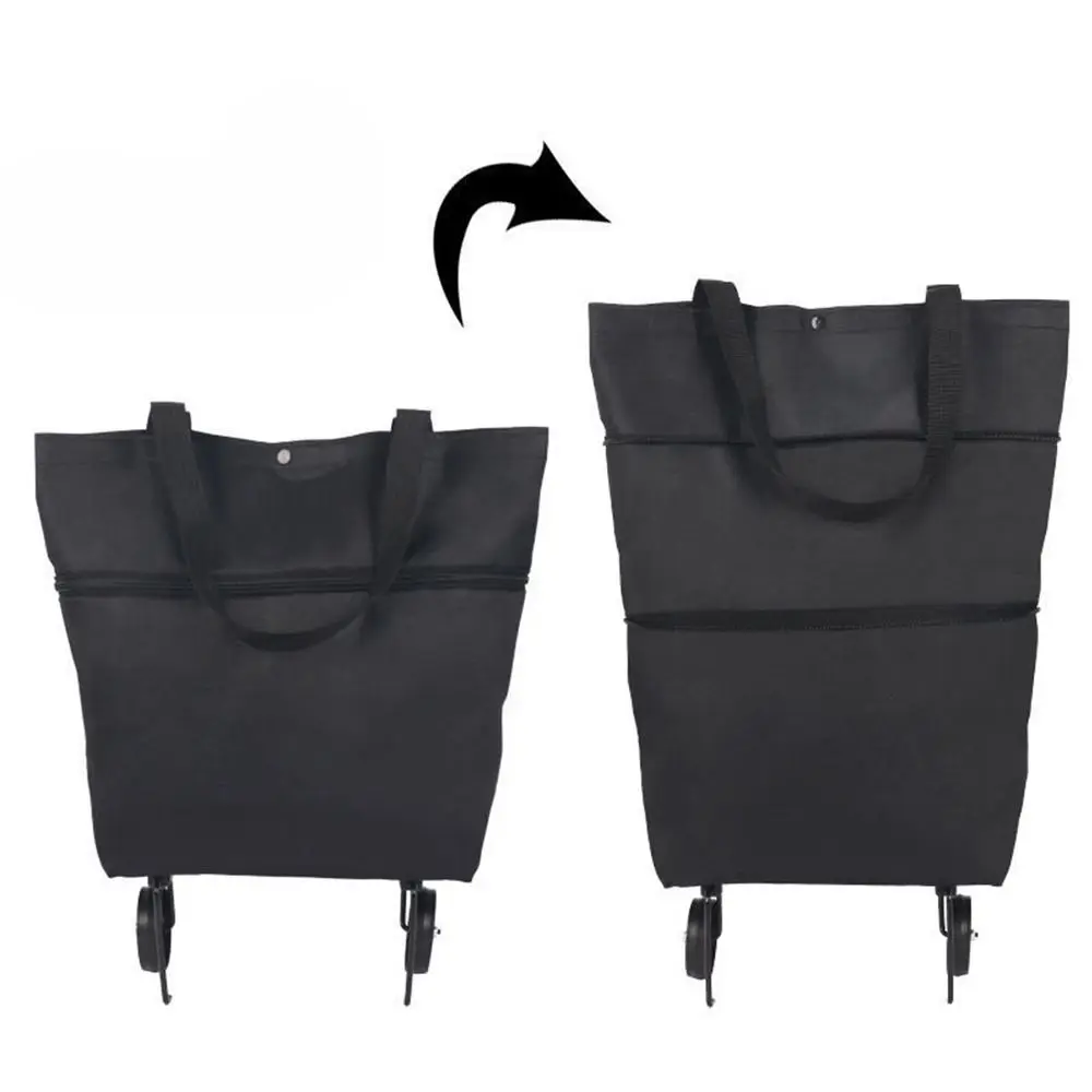 Black Shopping Bag with Wheels Hand Pulling Utility Folding Shopping Cart Trolley Bags Storage