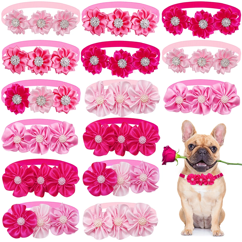 8PCS Valentine\'s Day Pet Decorate Bowtie with Diomand Grooming Flower Pink Dog Gifts for Small Dogs Accessories Wholesale