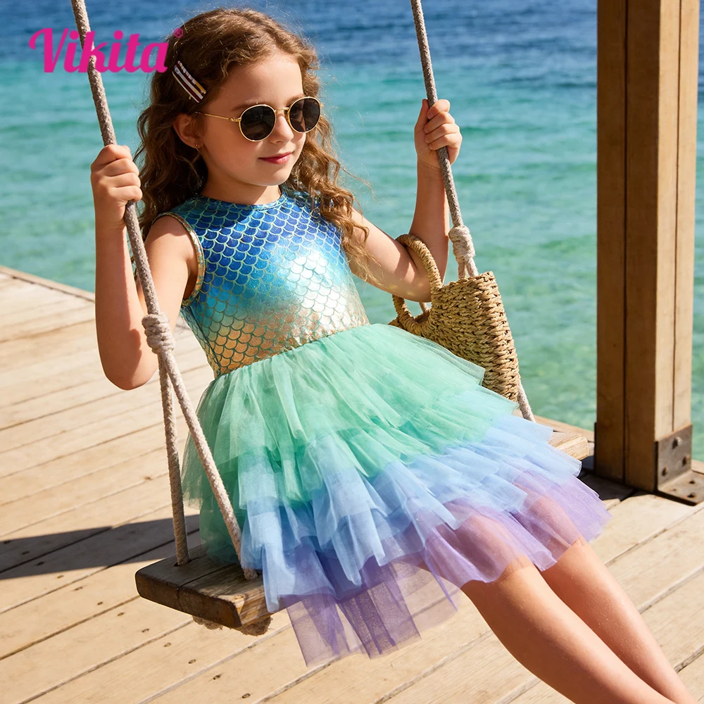 VIKITA Mädchen-Tutu-Kleid mit Meerjungfrauen-Schuppen-Print, ärmellos, für den Sommer, Farbverlauf, schimmernd, gestuftes Tüll-Mesh, Prinzessinnen-Outfit, elegantes Outfit