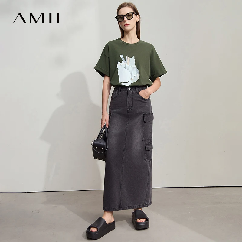Amii Topสําหรับผู้หญิงMinimalist 2025 ฤดูร้อนสไตล์ใหม่สบายๆO-คอพิมพ์เปิดหลวมผ้าฝ้ายยืดเสื้อยืด 12522144
