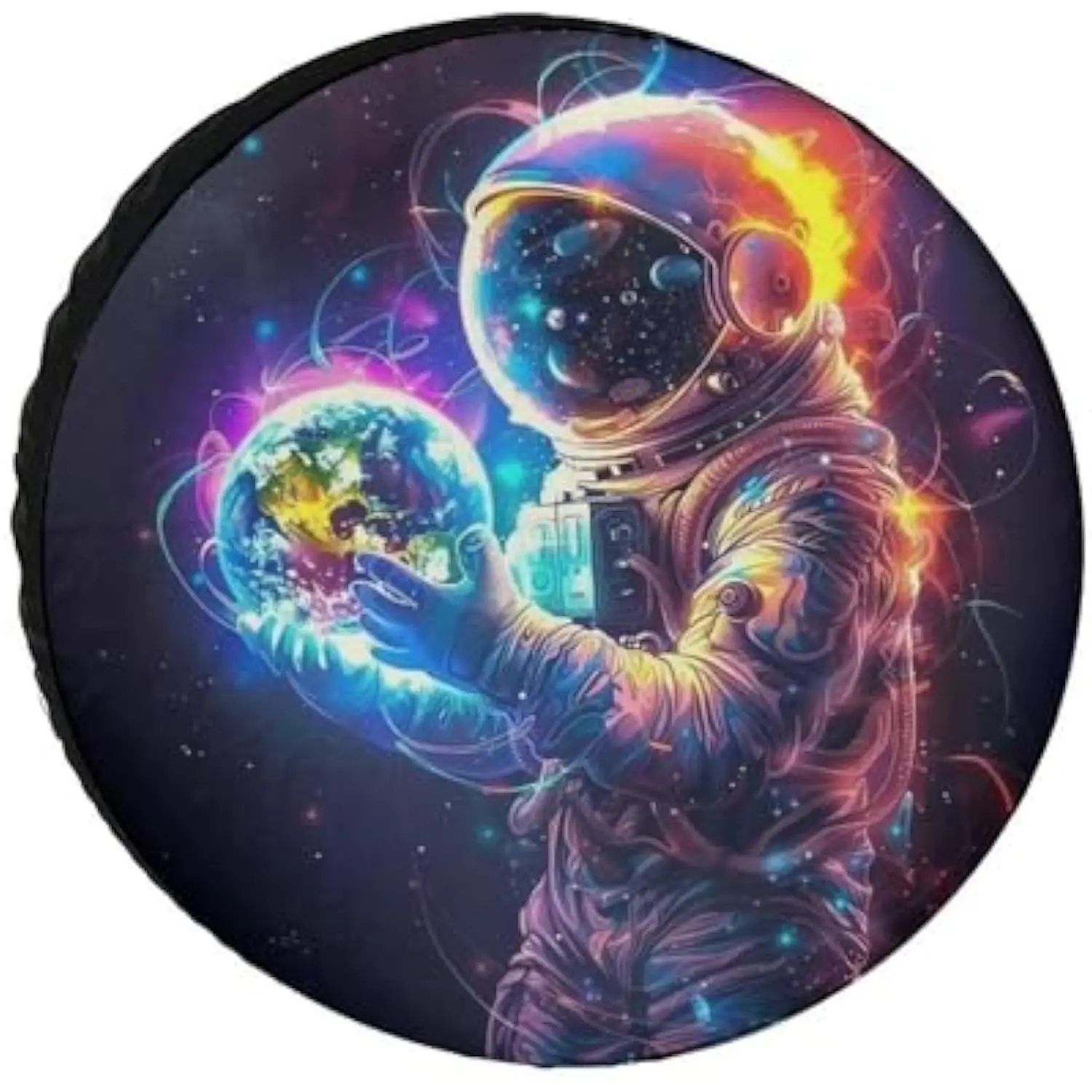 

Astronaut Holding Earth Galaxy Artwork Tire Cover Waterproof Spare Wheel Protector Universal Fit RV SUV