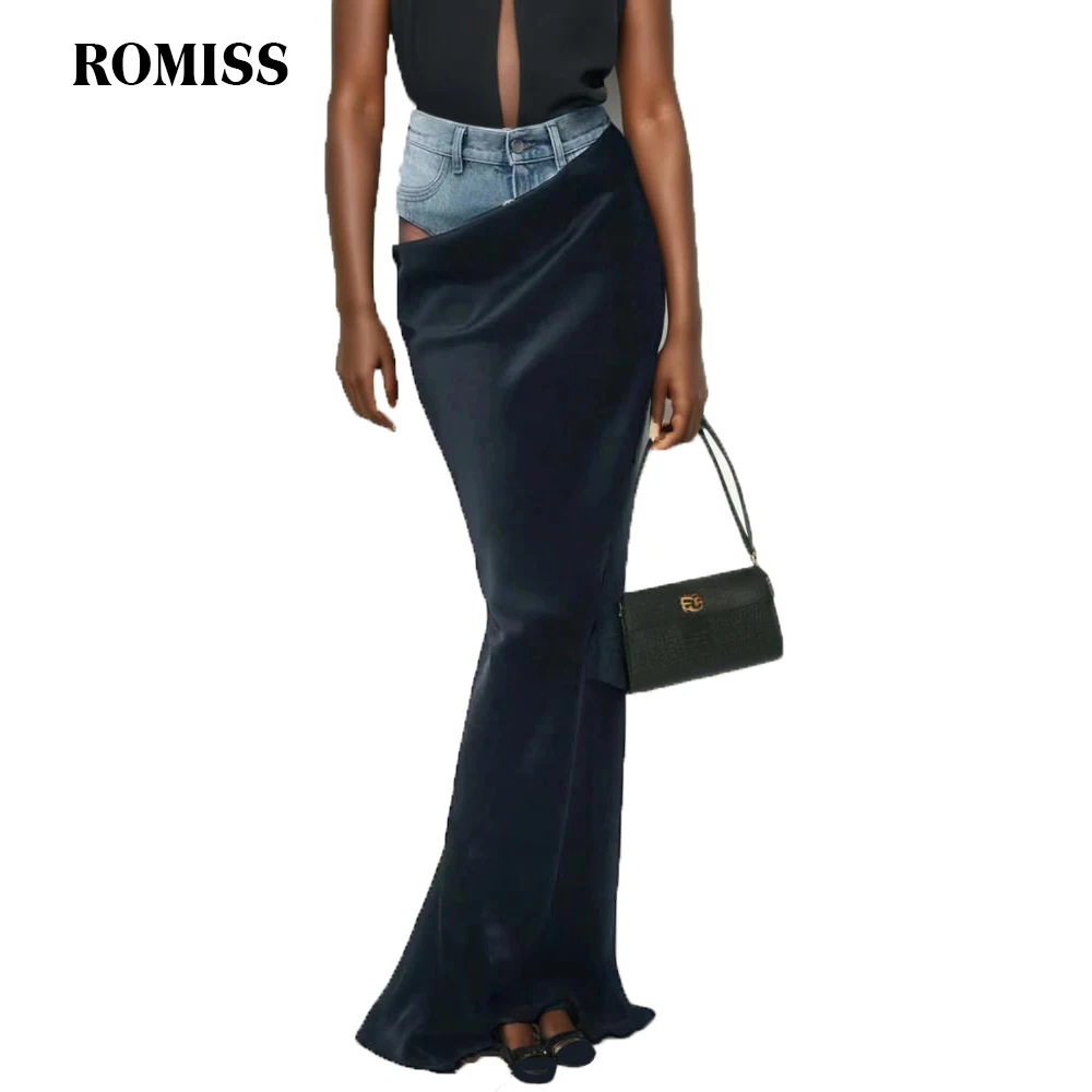 

ROMISS Patchwork Denim Streetwear Skirts For Women High Waist Asymmertrical Mermaid Sexy long skirt Female Summer Clothing New