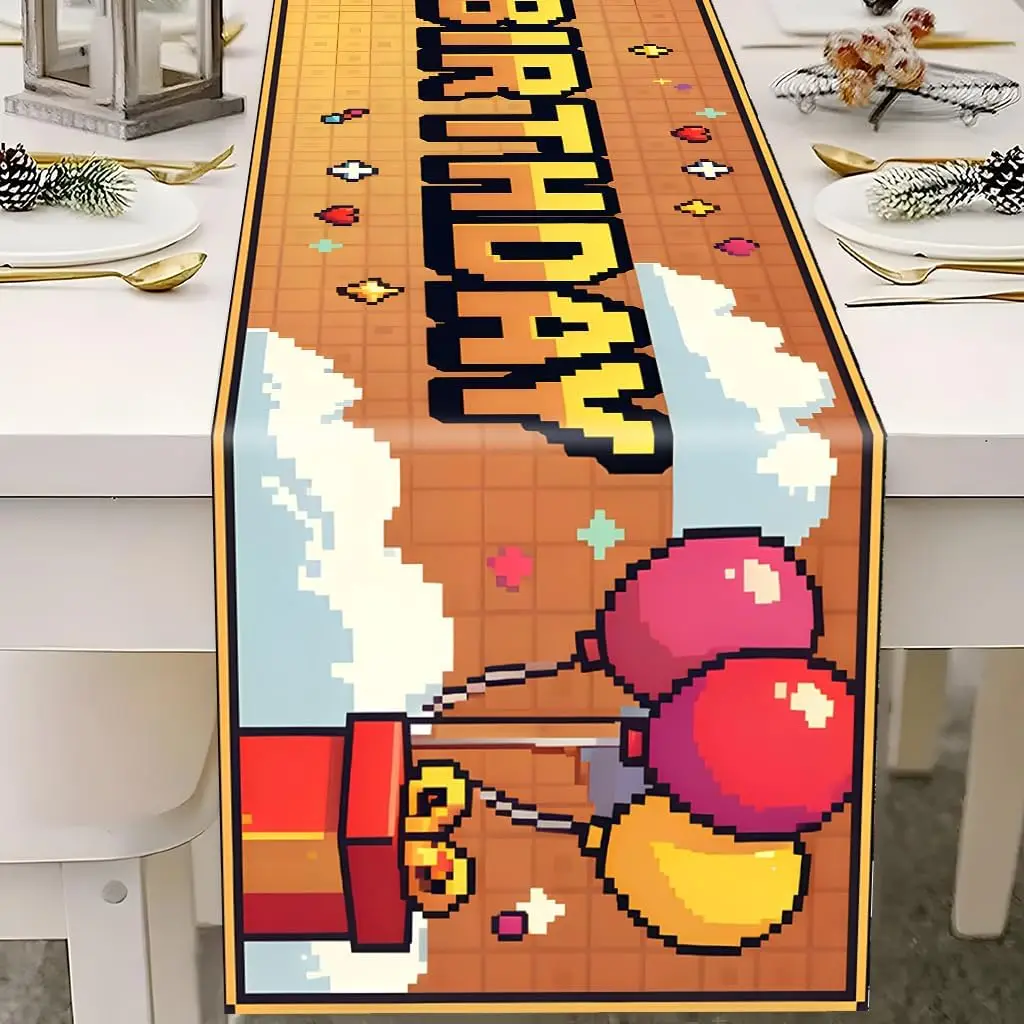 1 Piece of Textured Pixel-Style Happy Birthday Table Runner with Video Game Theme, Suitable for Farmhouse, Indoor, Kitchen, Celebrations, Table Decoration, Restaurant, and Banquet Decoration Supplies