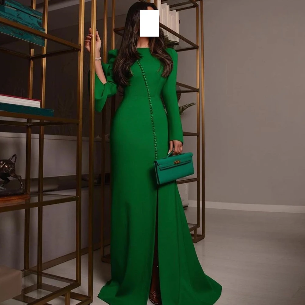 Boat Neck Floor Length Green Jersey Long Sleeves Straight Evening Dress Formal Pleats Saudi Arabia Pure color Sweep Train 2024