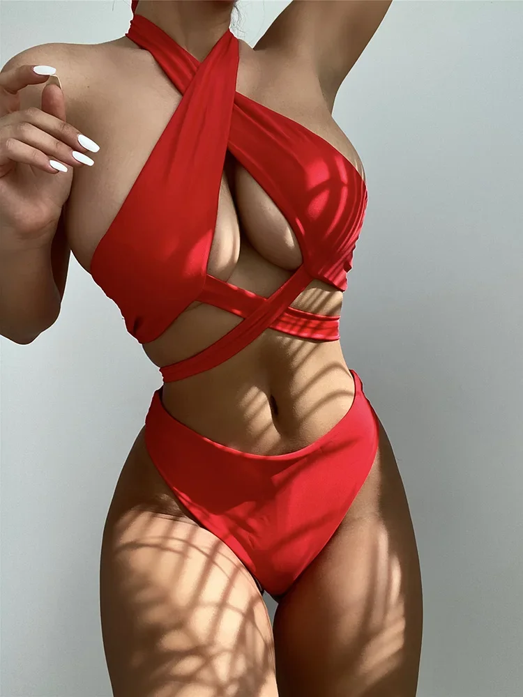 Halter Cross Bandage High Cut Bikini Female Swimsuit Women Swimwear Two-pieces Bikini Set Hollow Out Bather Bathing Suit Swim