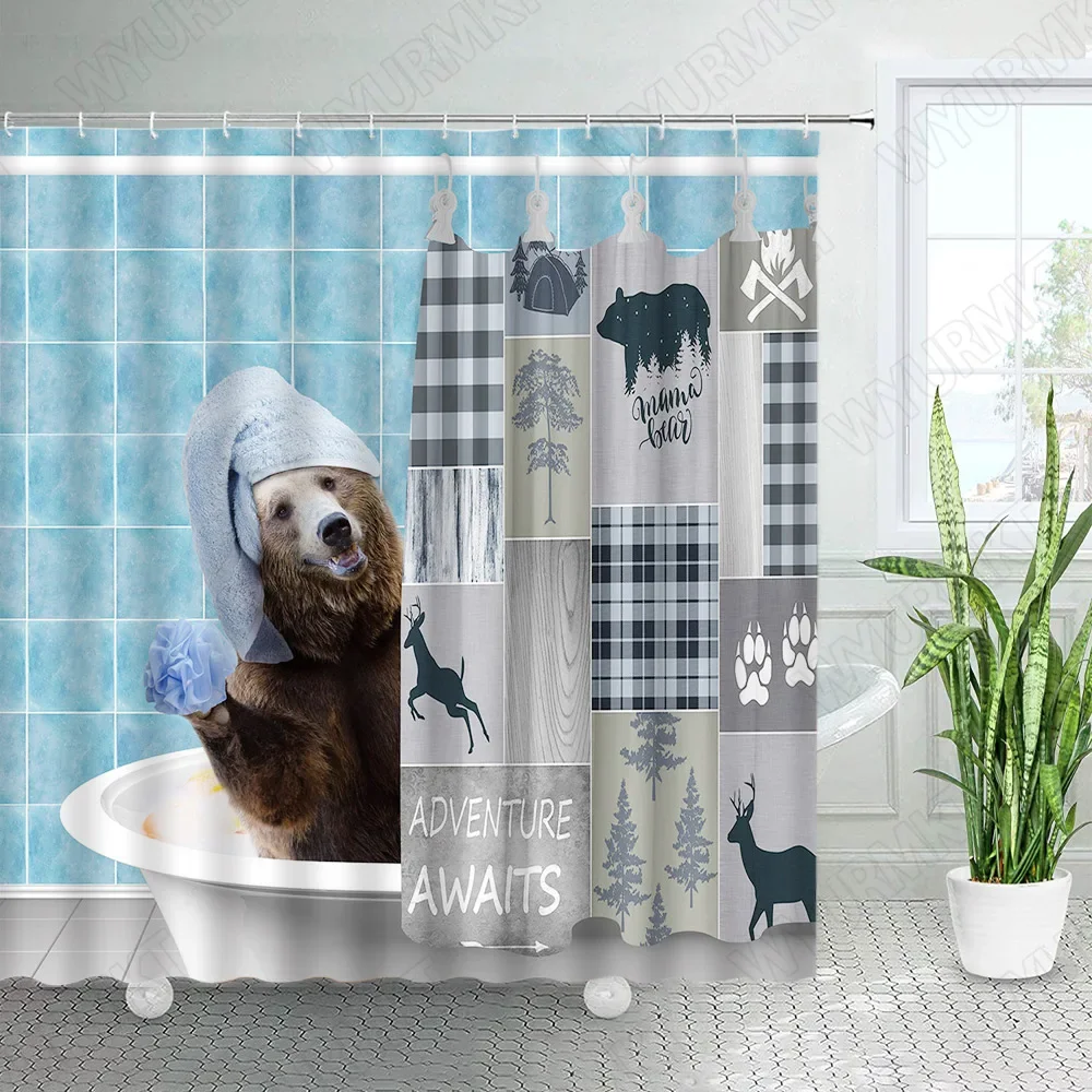 Creative Animals Shower Curtains Bathing Bear Sea Waves Sharks Cat Dinosaurs Funny Design Fabric Bathroom Decor Bath Curtain Set