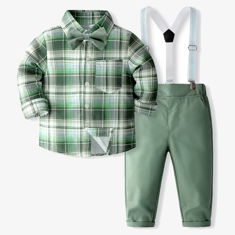 

Children's green checkered overalls for spring and autumn performances, gentlemen's wedding attire for young boys