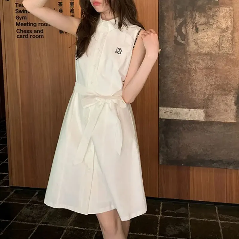 

Fashionable Letter Embroidery A-Line Dresses Summer Sleeveless Women's Clothing French Style Waist Bandage Bow Basic Mini Dress
