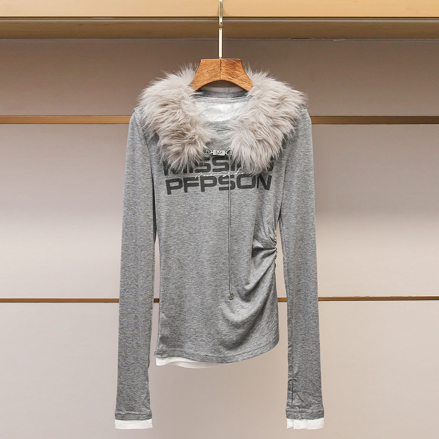 

Women's Winter Coat Detachable Faux Fur Collar Gathered Single-Piece Outdoor Wear Ladies' round Ne Long Sve