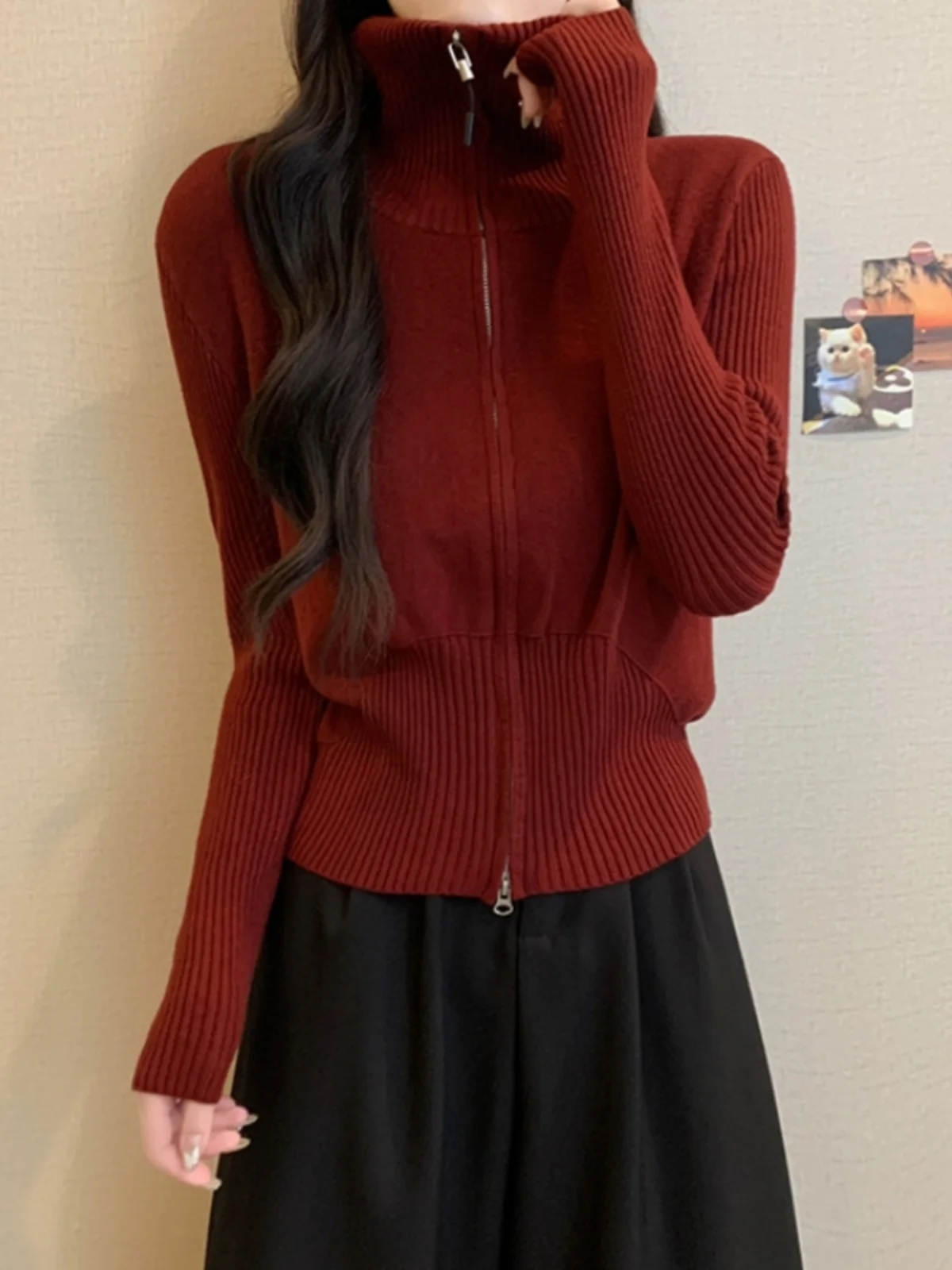 Red High Collar Knitted Sweater Coat Women Spring Autumn Short Style Turn-down Collar Loose Fit Long Sleeve Warmth Emitting