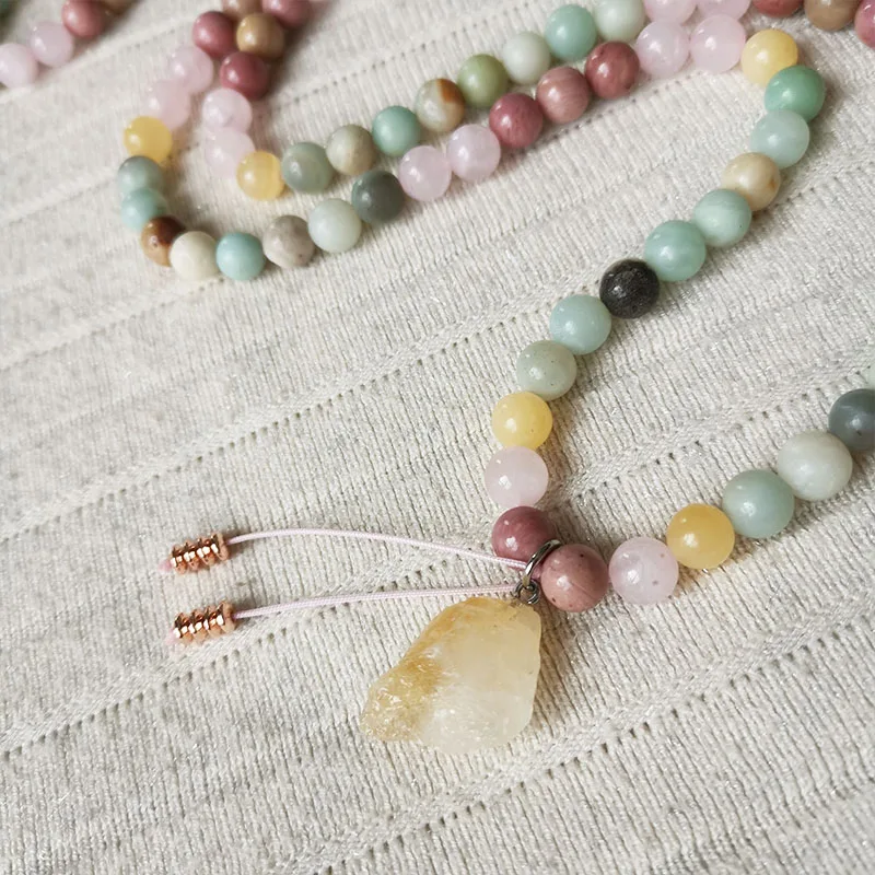 8mm Stone Beads,Yellow Quartz Crystal Pendant,Rhodonite,Rose Quartz,Bohemia Necklace,Spiritual Jewelry,Meditation,Inspirational