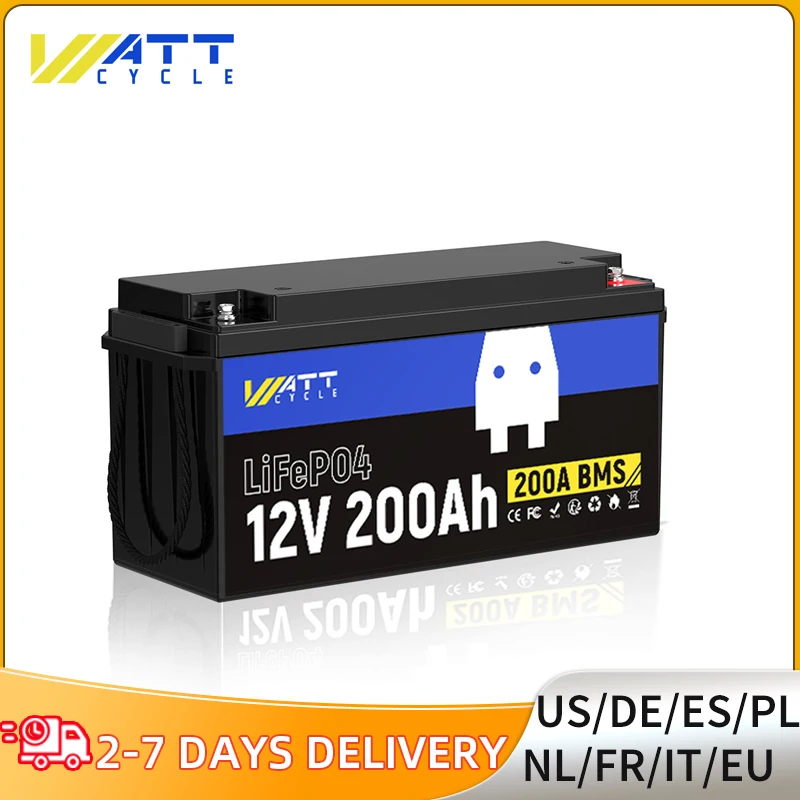 WattCycle Lithium Iron Phosphate Battery 12V 200Ah Rechargeable Lifepo4 Battery for Marine/RV/Golf Cart/Home Solar System, etc