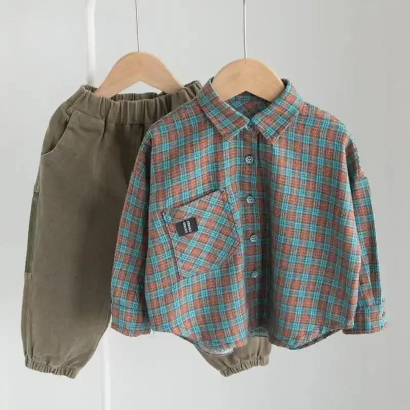 Kids Boys Spring And Autumn Shirt Set 2024 New Korean Version Handsome Kids Foreign Style Boys Baby Casual Two Piece Set