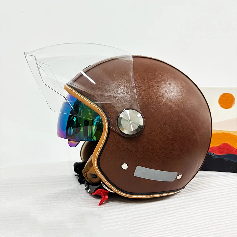 Brauner Leder-Jethelm für Motorräder und Roller, DOT-Zertifiziert, Retro 3/4 Open-Face-Helm mit Langem Visier, Moto-Zubehör