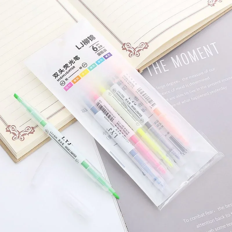 6 Pcs/Set Highlighter Pen Color Markers Double Ends Pastel Fluorescent Set Kawaii Pens Cute Stationary School Office Supplies