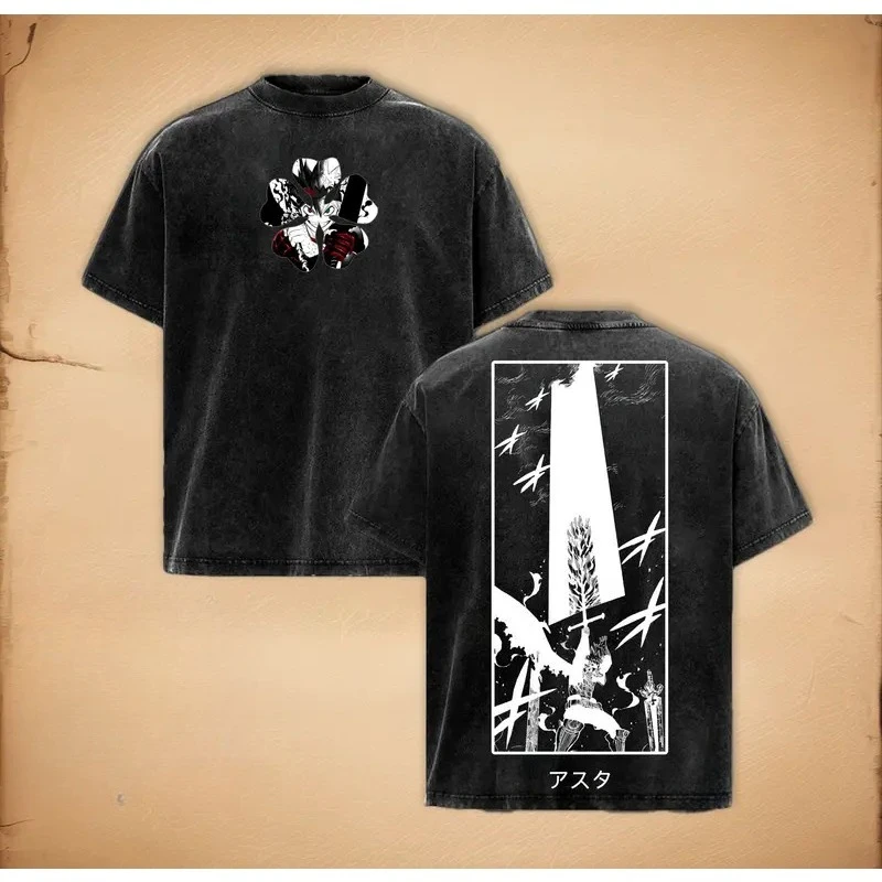 Anime Black Clover Asta Printed Tee Men Women Washed Cotton T-shirts Short Sleeve Vintage T Shirt Harajuku Male Oversized Tshirt