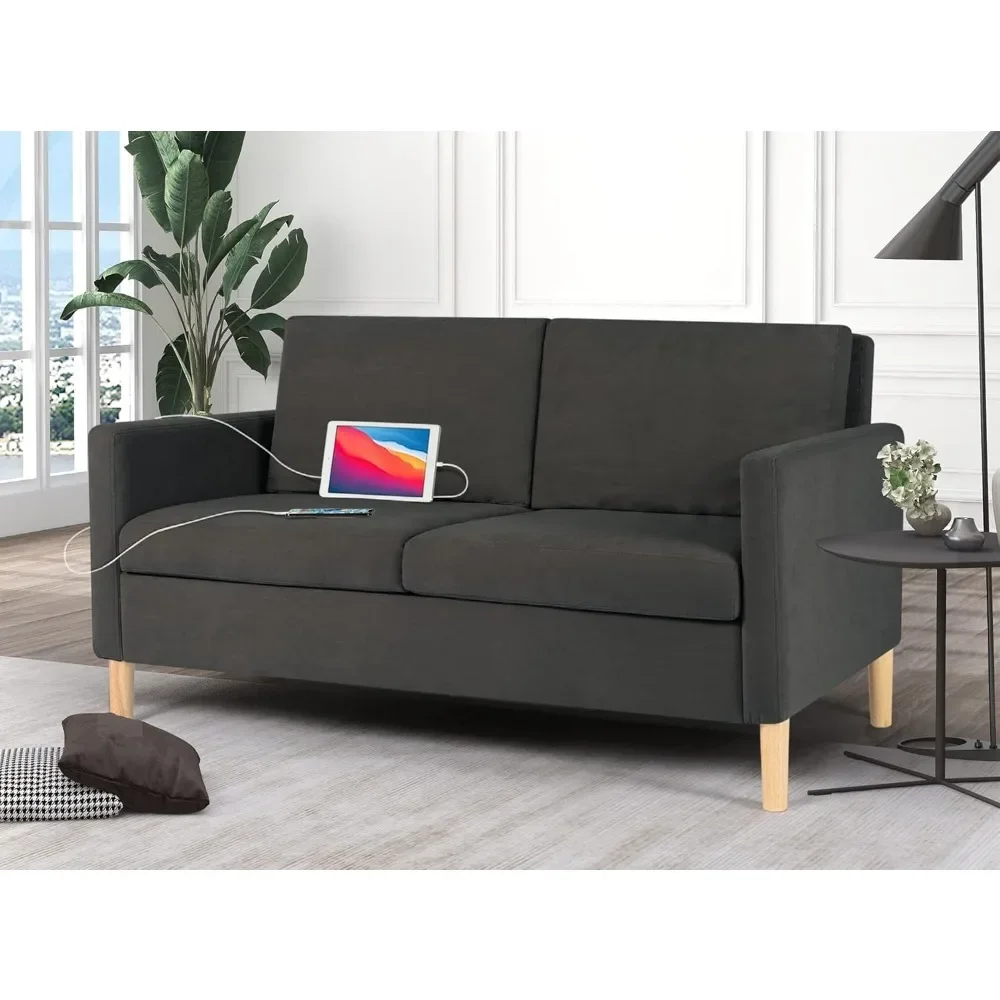 

Modern Small Loveseat Sofa with 2 USB Charging Ports, Teddy Short Fleece Fabric Soft Couches, Upholstered 2-Seater