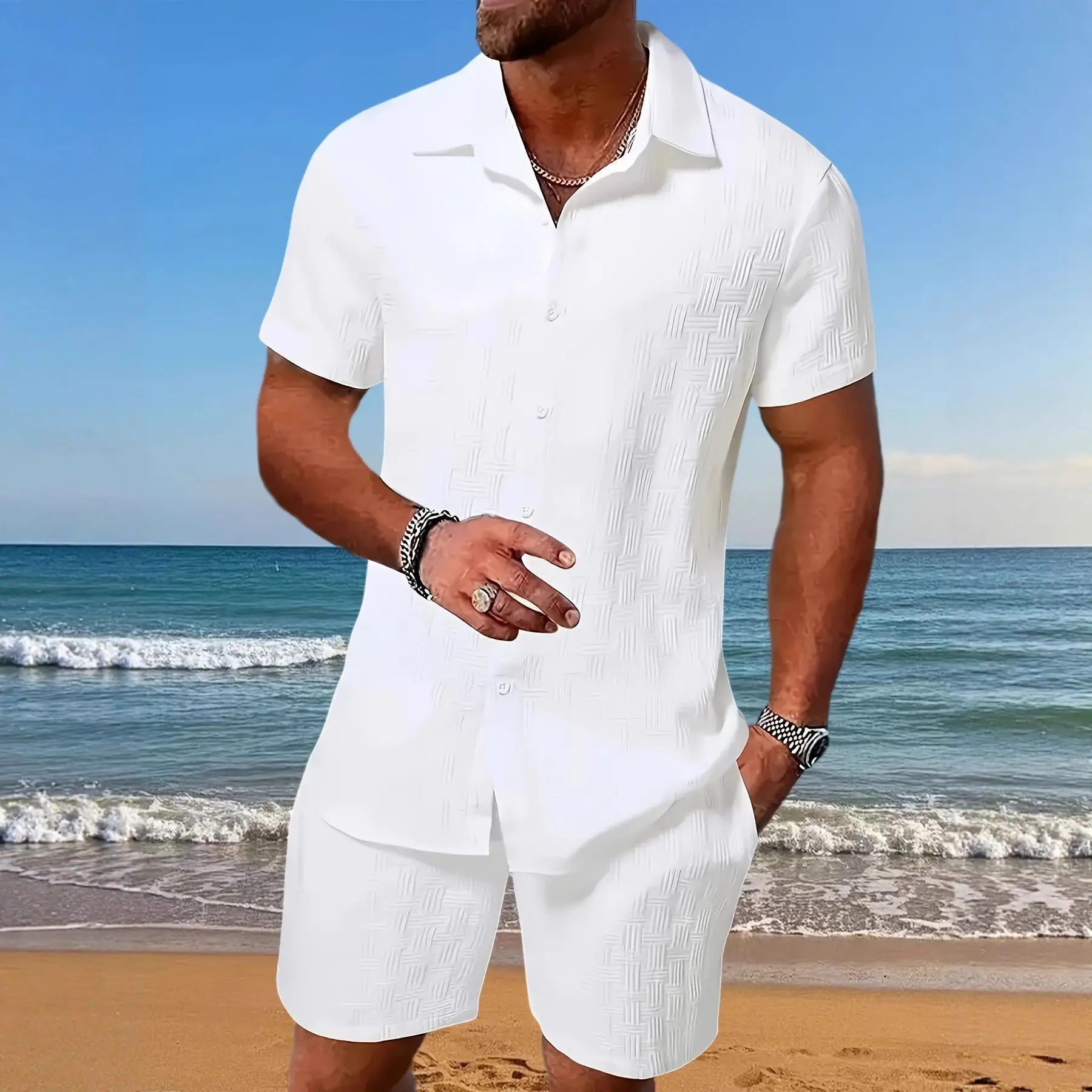 Herren Neues Freizeit-2-Teiler-Set: Einfarbiges Jacquard-Hemd mit Revers und Kurzarm, Shorts mit Kordelzug – Sommer-Outdoor-Reiseanzüge – Detail 13