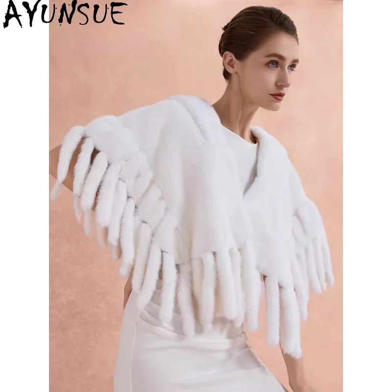 

Шаль AYUNSUE из норки с бахромой для женщин, белая шуба из цельного меха норки, роскошная женская верхняя одежда, Fourrures Femmes