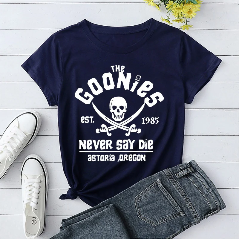 Cool Skull The Goonies Est.1995 Never Say Die Astoria Oregon Print T-shirts For Women Summer Fashion Casual Short Sleeve Round