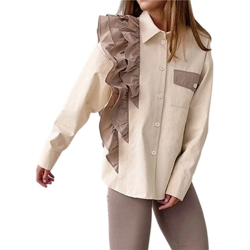 ASDS-Camisa de manga larga con volantes y dobladillo asimétrico dividido con botones y bloques de color elegante para mujer