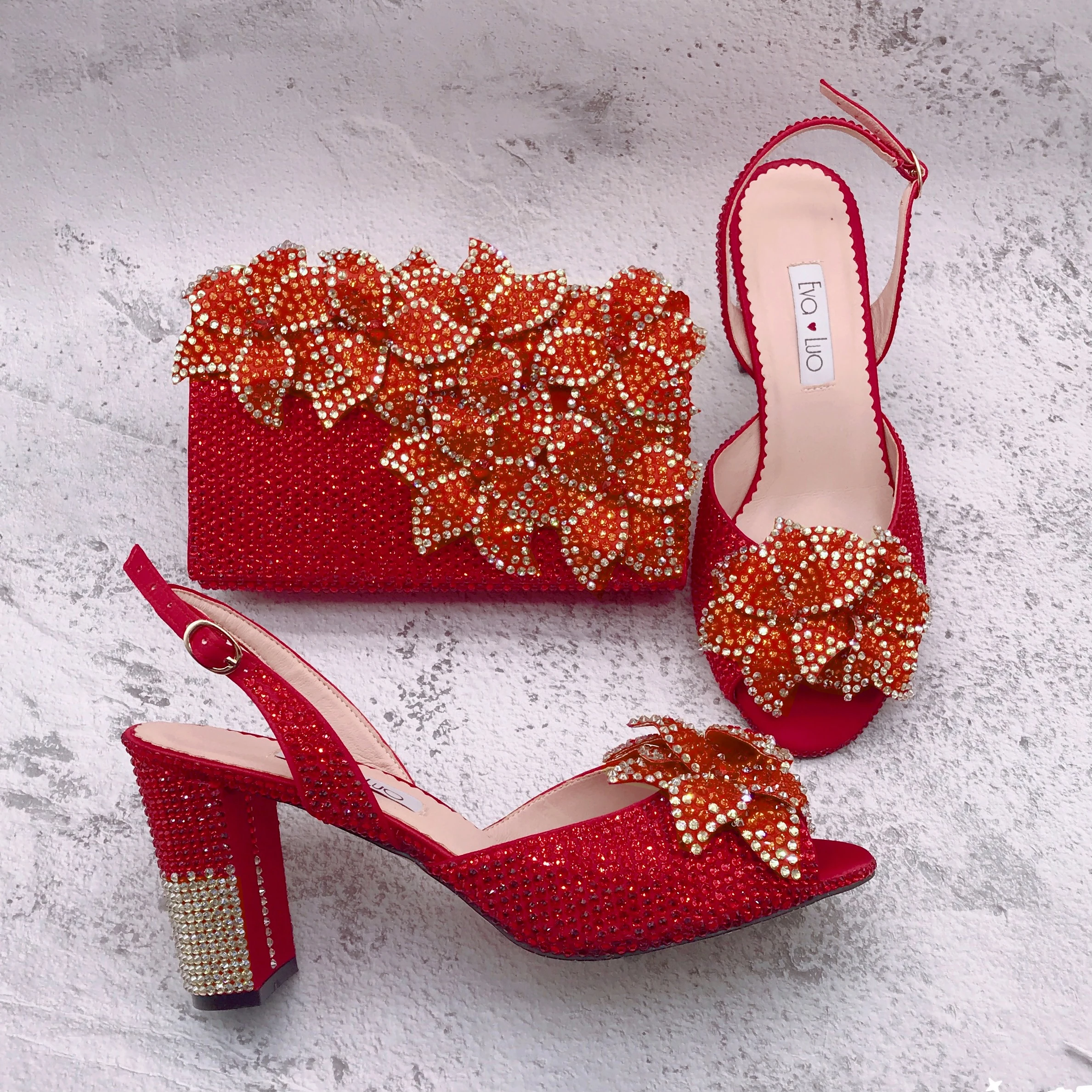 BS1666  Luxury New Design Custom Handmade Women Shoes Floral  Bridal Wedding Shoes Wine Red Orange Gold Flower Shoes And Bag Set