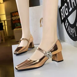BIGTREE Luxury Rhinestone Woman Pumps Block Heels Women's Shoes Thick with Mid Heel Ladies Elegant Banquet Shoes Zaptos Mujer
