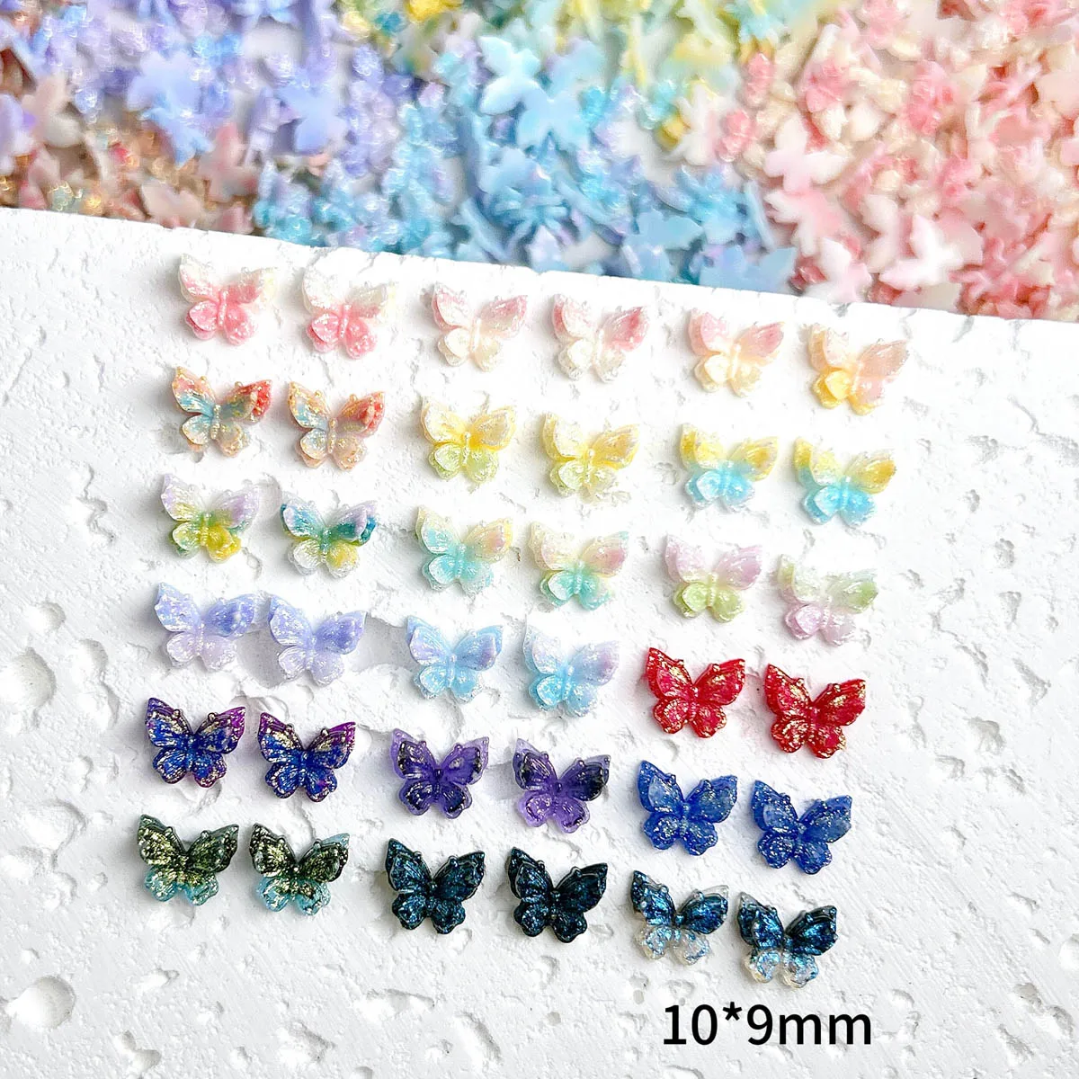50PCS Farbverlauf Farbige Leuchtende Schmetterling Harz Nail art Dekoration Doppel Schicht Verträumte Shinny Schmetterling Nail art Charms für DIY