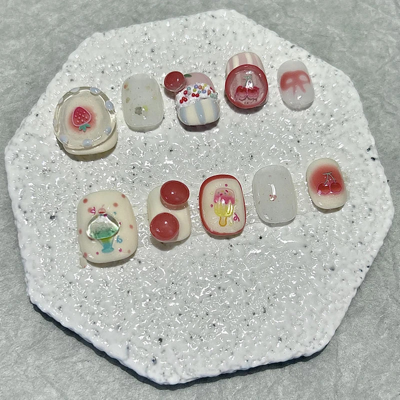 Summer Press On Nails Handmade Cute Ice Cream Strawberry Translucent Jelly Short Round Wear False Nail Patches Removable