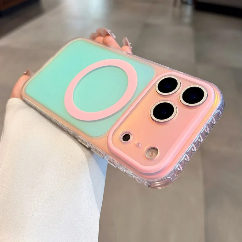 Luxuriöse Laser-Aurora-Gradienten-Handyhülle für Magsafe für iPhone 18 15 16 17 Pro Max, magnetische kabellose Ladehülle mit hartschalenförmigem Bumper.