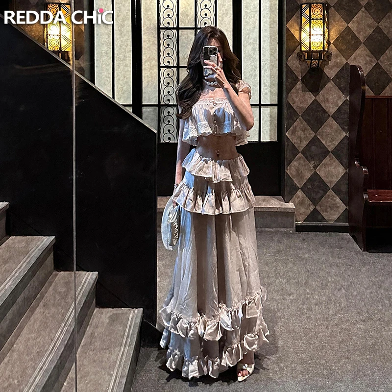 

ReddaChic Women Tiered Top Maxi Skirt Matching Set Holiday Flowy Elastic Waist Skirt Button Down Cropped Top Coquette Clothes