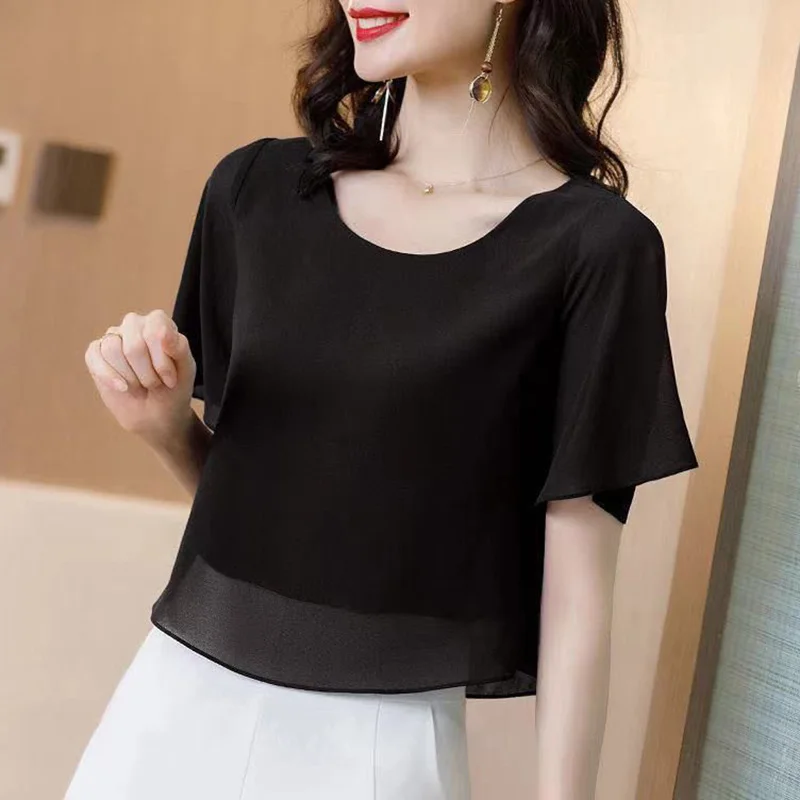 Elegant Solid Color Loose Fake Two Pieces Blouse Women Clothing 2023 Summer New Casual Pullovers Office Lady Chiffon Shirt